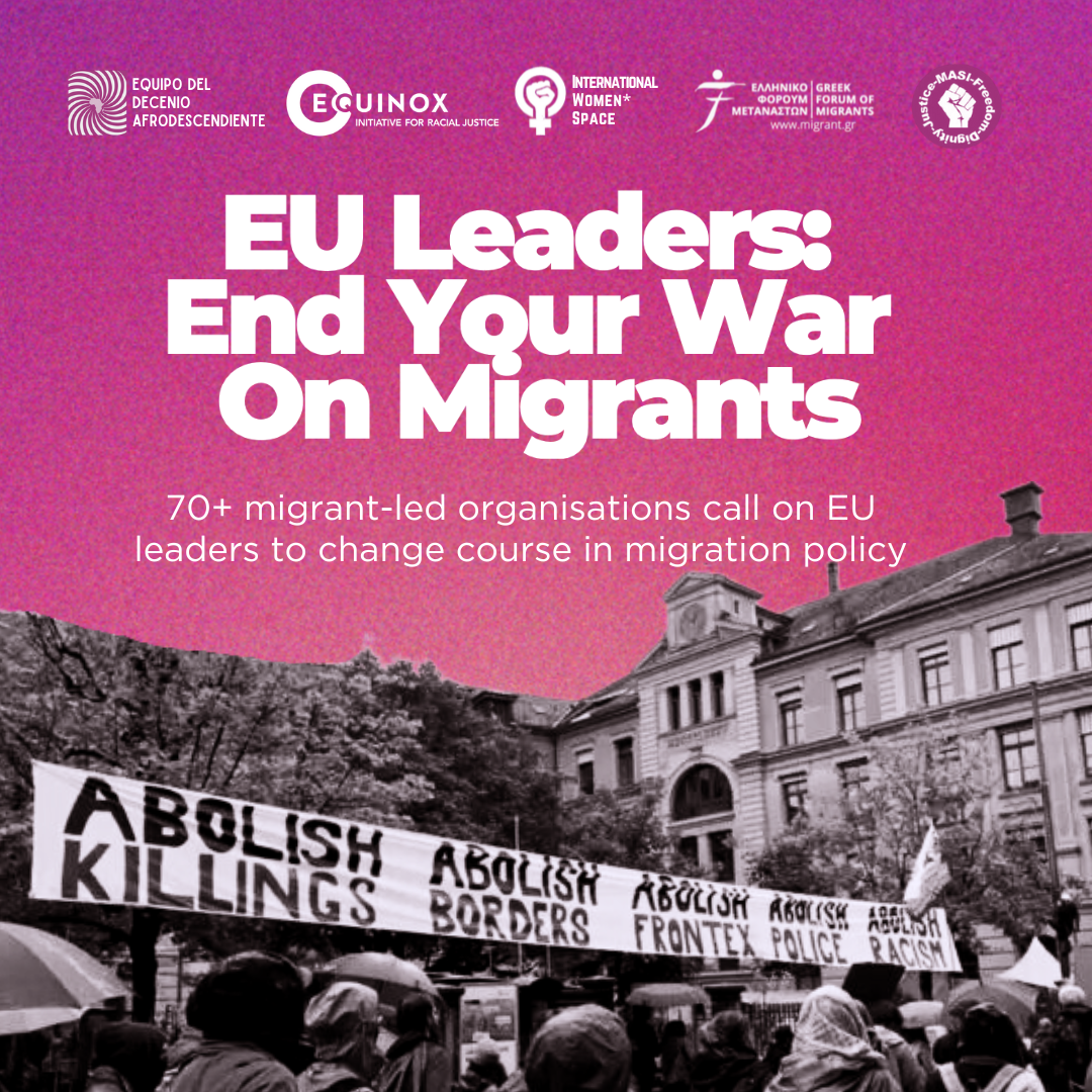 Text overlaying a purple background, which says "EU Leaders: End your War on Migrants"