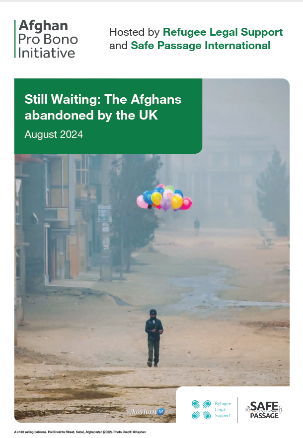 The front cover of our new report, Still Waiting: the Afghans Abandoned by the UK. It shoes a child in Afghanistan holding a bunch of balloons in the middle of a street.