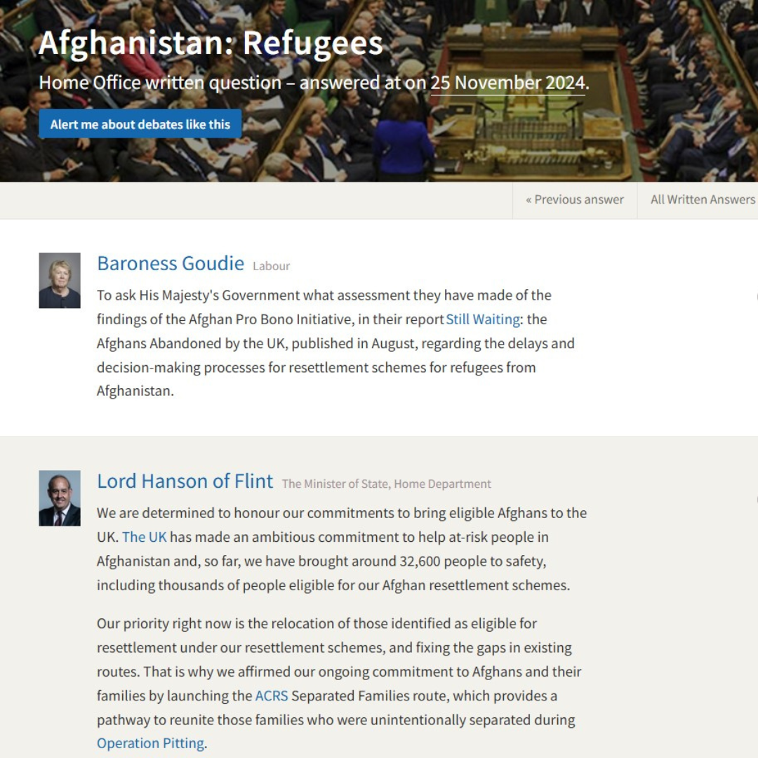 A screenshot of the parliamentary questions on Afghanistan: Refugees, from 25th November 2024.